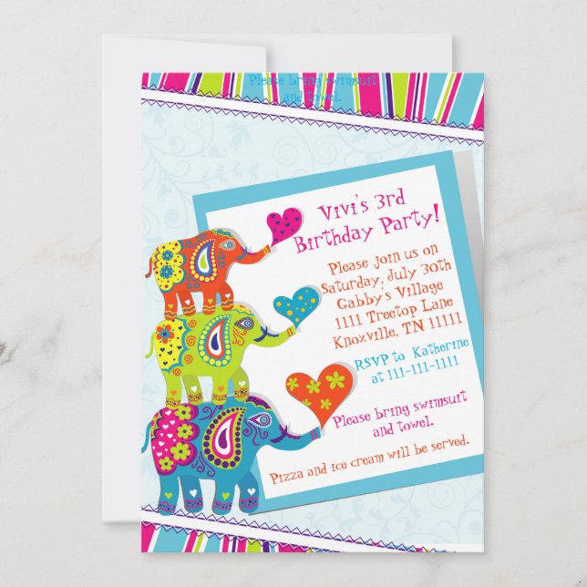 Colorida invitación al cumpleaños del elefante (Anverso)