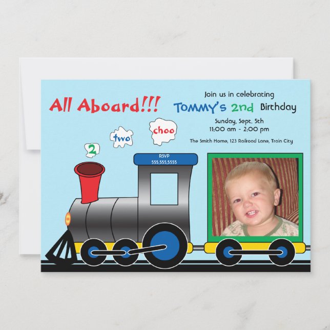 Colorida invitación al cumpleaños del tren fotográ (Anverso)