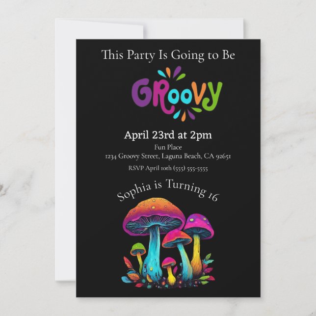 Colorida Invitación al cumpleaños retro Groovy (Anverso)