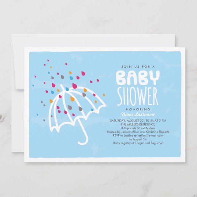 Colorida invitación al paraguas de Baby Shower (Anverso)