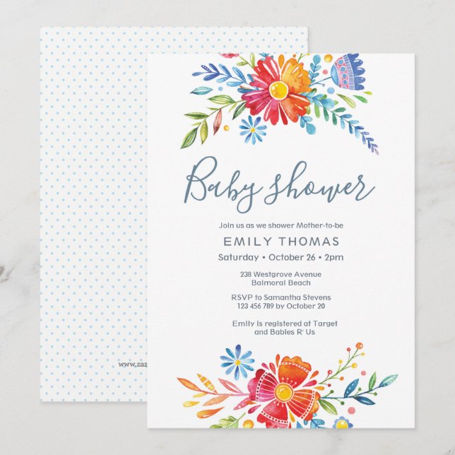 Colorida invitación de Baby Shower floral (Anverso / Reverso)