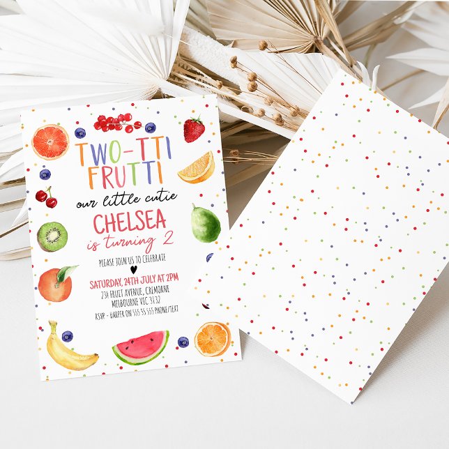 Colorida Invitación de cumpleaños 2-tii Frutti (Twotti Frutti 2nd Birthday Invitation. Summer Twotti Fruity Birthday Invite Template. Tutti Frutti)
