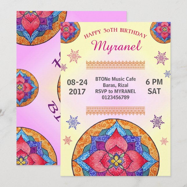 Colorida invitación de cumpleaños a Mandala (Anverso / Reverso)
