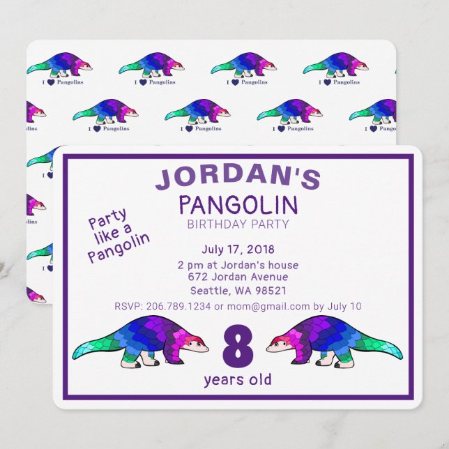 Colorida invitación de cumpleaños a Pangolin (Anverso / Reverso)