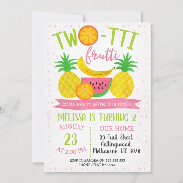 Colorida Invitación de cumpleaños a Twotti Frutti (Anverso)