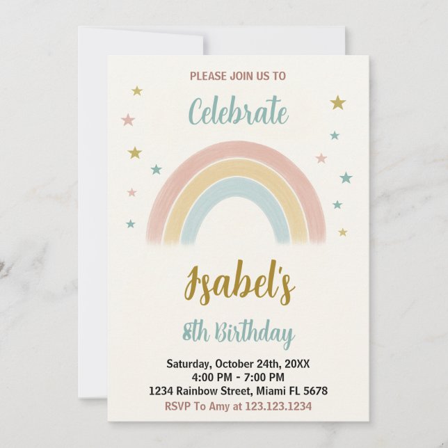 Colorida invitación de cumpleaños con arcoiris (Anverso)