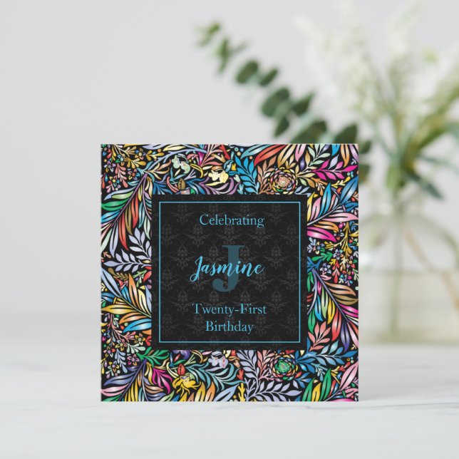 Colorida Invitación de cumpleaños con flores tropi (Anverso de pie)