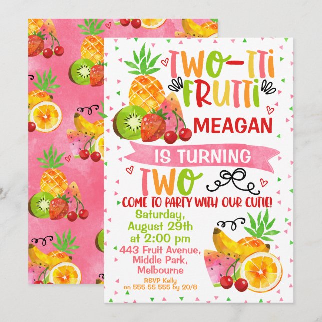 Colorida invitación de cumpleaños de dos tti Frutt (Anverso / Reverso)