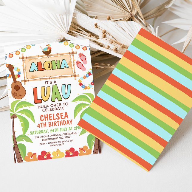Colorida invitación de cumpleaños de Hawai Aloha L (Aloha Luau Birthday Invitation, Aloha Tropical Party Invite Template, Hawaiian Luau Summer Party)