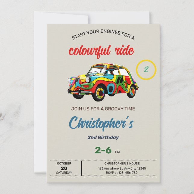 Colorida invitación de cumpleaños de Ride (Anverso)