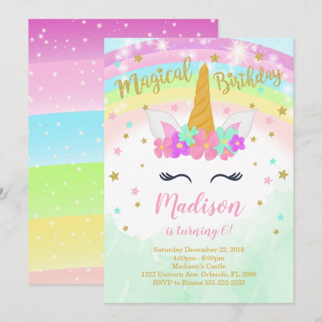 Colorida invitación de cumpleaños de Unicornio (Anverso / Reverso)