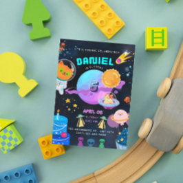 Colorida invitación de cumpleaños del espacio negr
