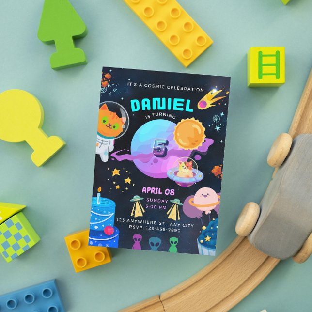 Colorida invitación de cumpleaños del espacio negr (space kid birthday invitation )
