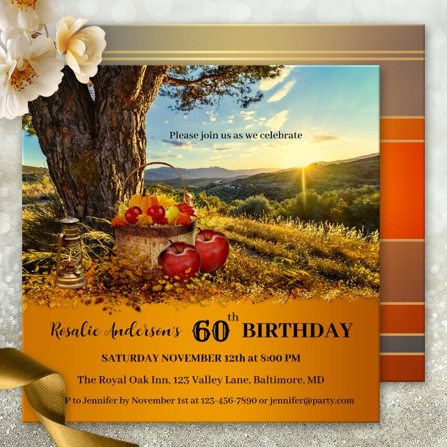 Colorida invitación de cumpleaños para la caída de (autumn birthday party invitation featuring a country sunset landscape scene with apples and lantern)