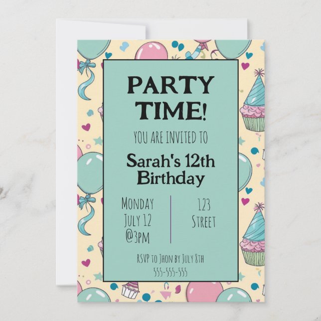 Colorida invitación de cumpleaños personalizada (Anverso)