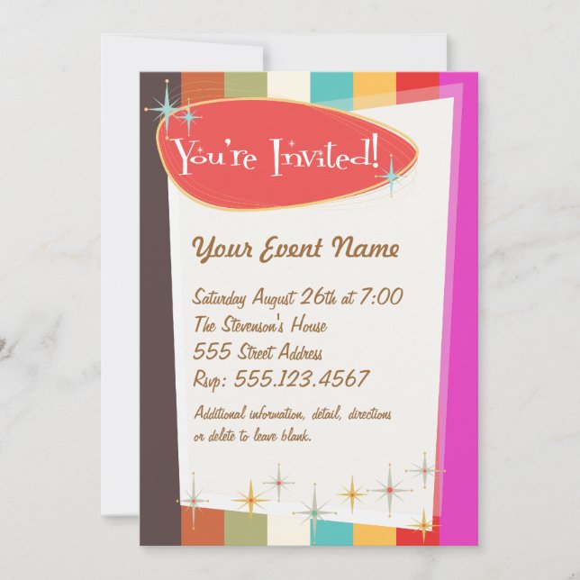 Colorida invitación de fiesta retro (Anverso)