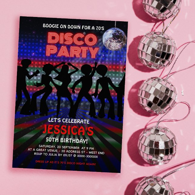 Colorida invitación de la fiesta de baile disco de (Time to get you groove on with our out of sight, 70s Disco Party birthday invitation. )