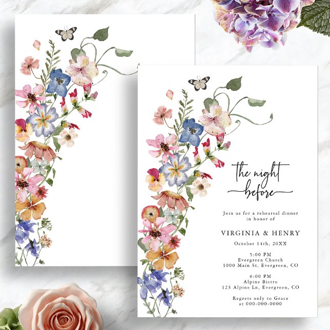Colorida Invitación de la Noche Anterior (Colorful Wildflower The Night Before Invitation with Butterfly by Painted Paperie
)