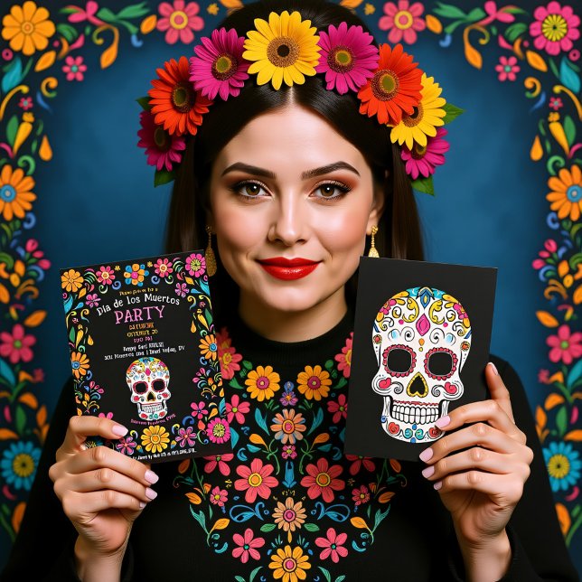 💀 🎉 colorida invitación del Día de Muertos (💀🎉 Colorful Día de Muertos Party Invitation, custom text)