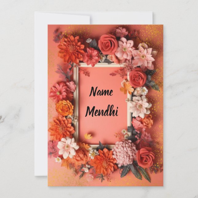 Colorida invitación del naranja mendhi (Anverso)