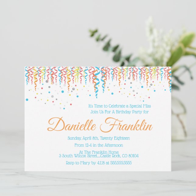 Colorida invitación Fiesta de Confetti (Anverso de pie)