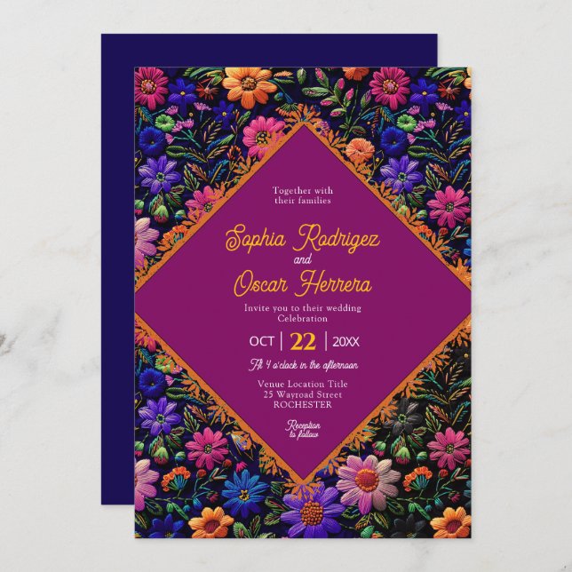 Colorida invitación nupcial mexicana (Anverso / Reverso)
