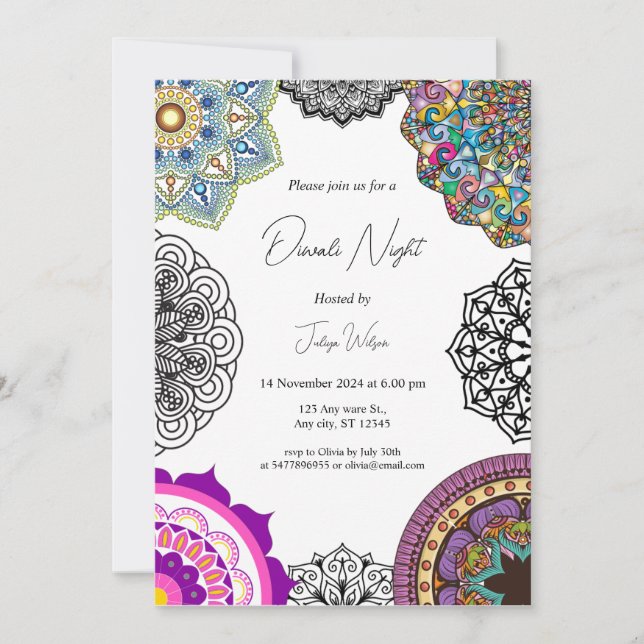 Colorida mandala Diwali noche Invitación (Anverso)