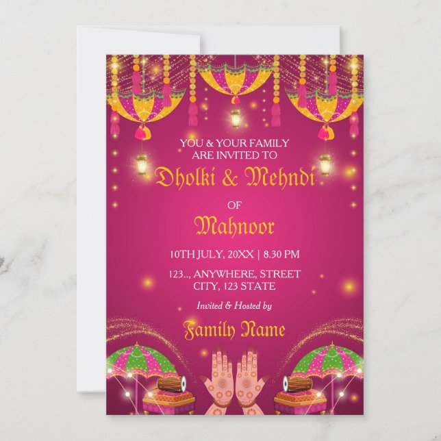 Colorida Paraguas Mehndi y Dholki Invitación noctu (Anverso)
