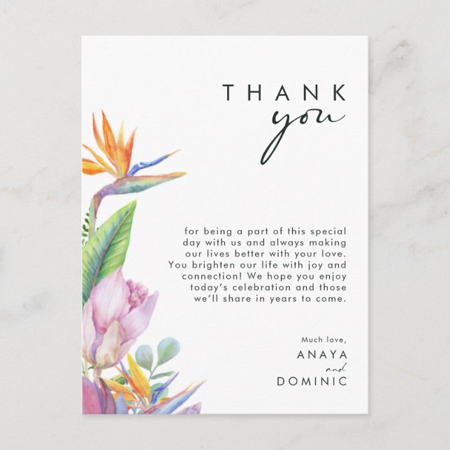 Colorida recepción tropical floral gracias tarjeta (Anverso)