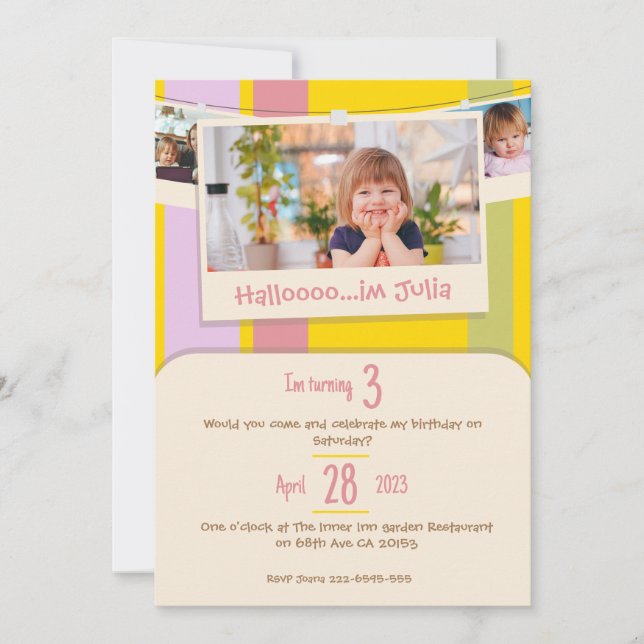 Colorida tarjeta de invitación de cumpleaños para  (Anverso)