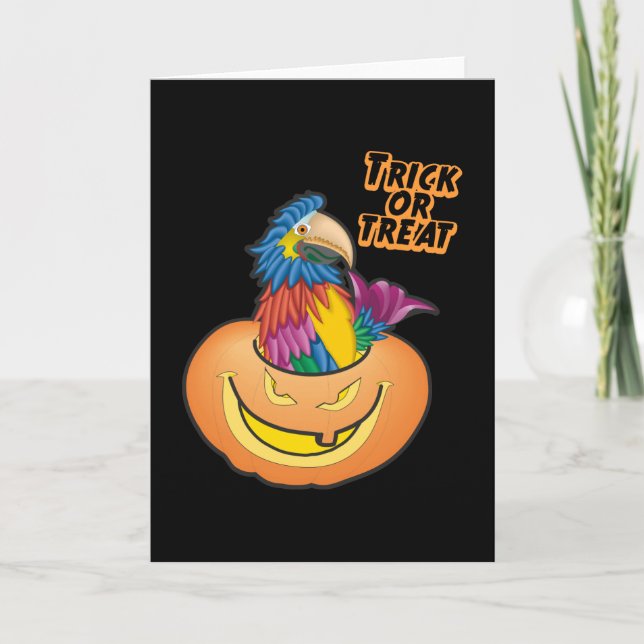 Colorida tarjeta de loro de Halloween (Anverso)