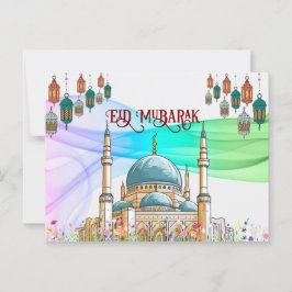 Colorida tarjeta Eid Mubarak con mezquita