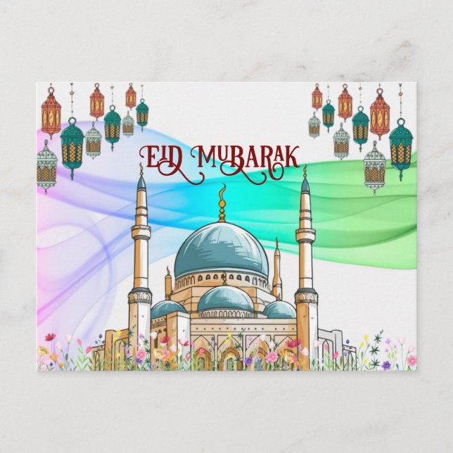 Colorida tarjeta Eid Mubarak con mezquita (Anverso)