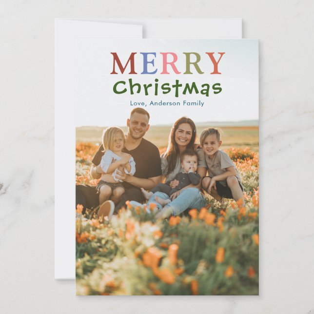 Colorida tarjeta navideña Merry (Anverso)