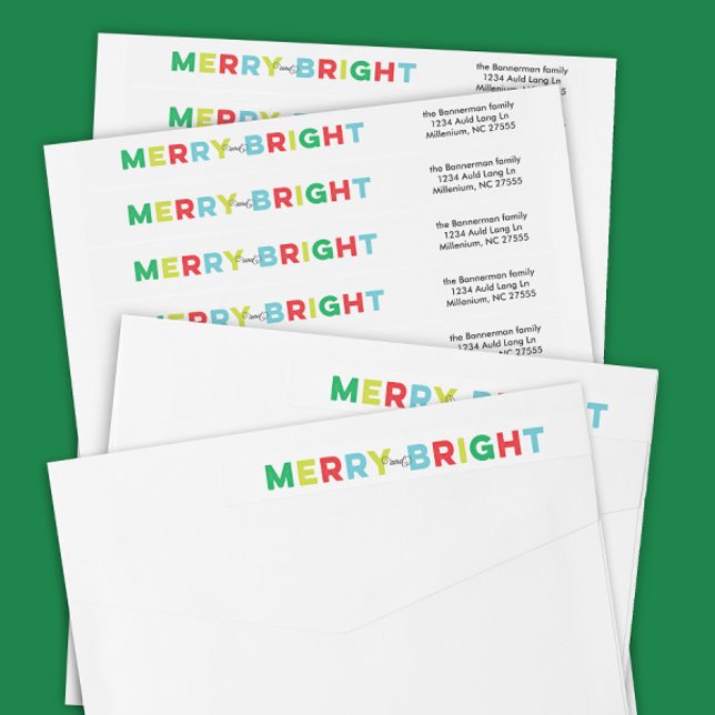 Colorida tarjeta navideña mora y brillante (merry & bright festive green red blue Christmas return address wrap around envelope labels)
