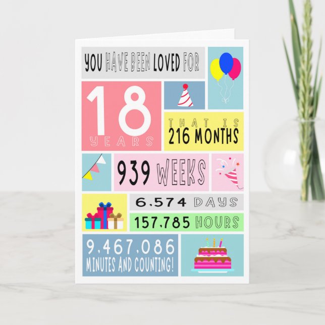 Colorida tarjeta plegada de cumpleaños número 18 (Anverso)