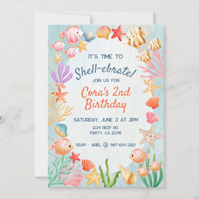 Colorida vibrante Shell Ocean Birthday Invitación (Anverso)
