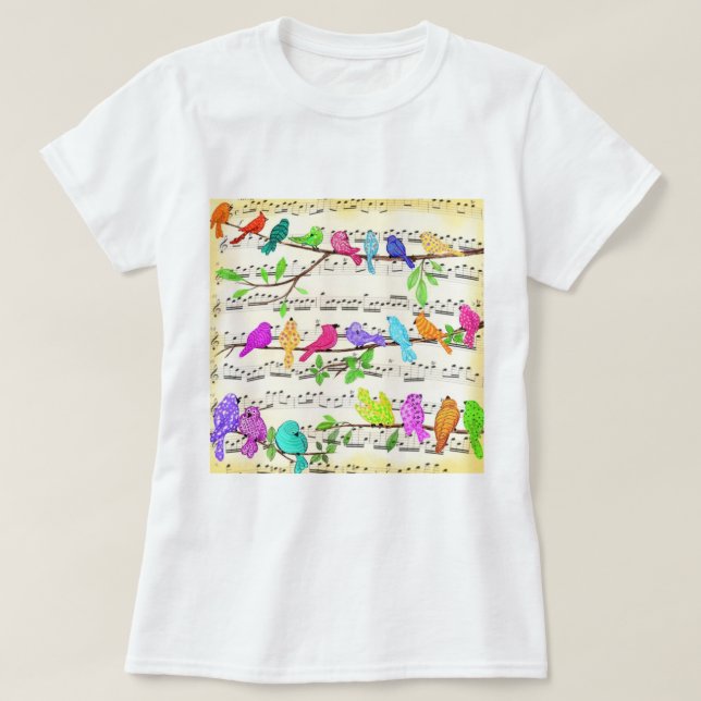 Coloridas Aves Musicales Primavera de camisetas (Diseño del anverso)