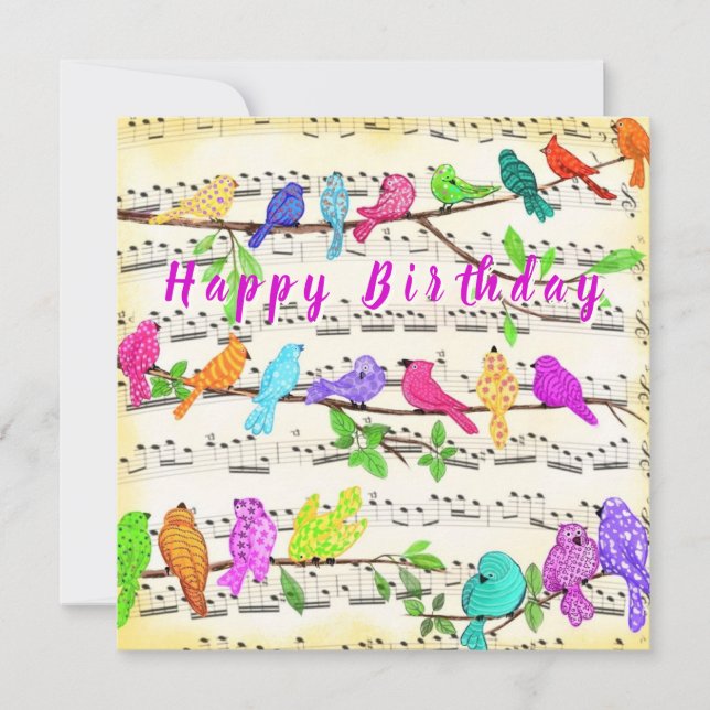 Coloridas aves musicales Tarjeta de cumpleaños Pri (Anverso)
