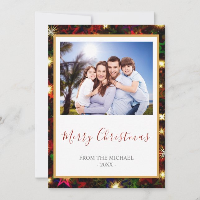 Coloridas estrellas y luces Feliz foto de Navidad (Anverso)