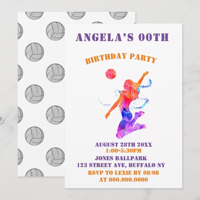 Coloridas fiestas de cumpleaños de voleibol invita (Anverso / Reverso)