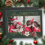 Coloridas fotos de dos fotos de Feliz Navidad Poin<br><div class="desc">Diseño festivo y colorido que presenta una plantilla de dos fotos con personalizado de oro. Gráfica de texto de Feliz Navidad con un spray de puninsettias de Navidades tradicionales y con fondo verde.</div>