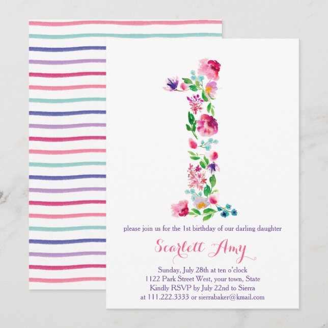coloridas invitaciones de 1º cumpleaños, púrpura r (Anverso / Reverso)