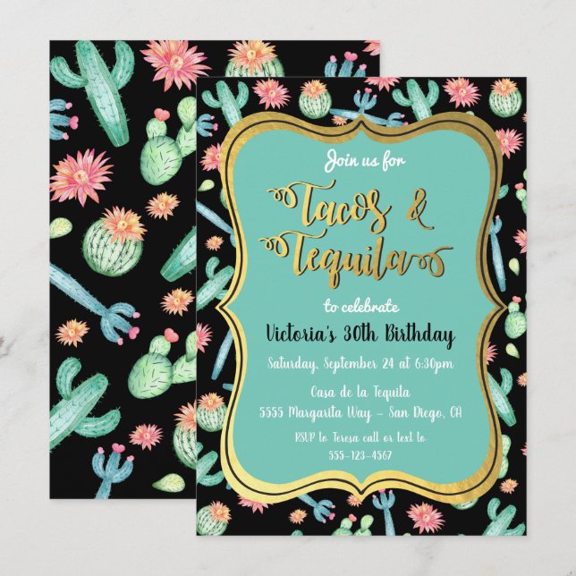 Coloridas invitaciones de Cactus Tacos y Tequila (Anverso / Reverso)