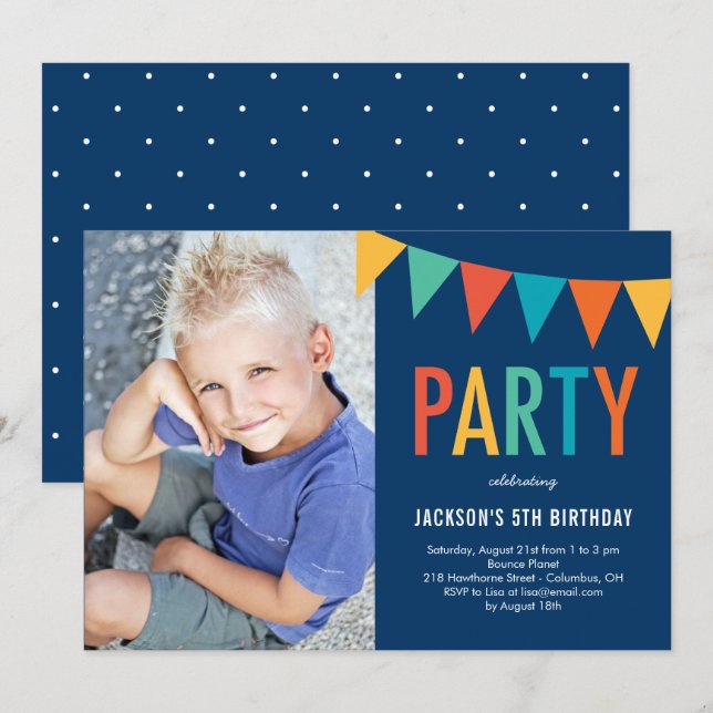 Coloridas invitaciones de cumpleaños a la foto del (Anverso / Reverso)