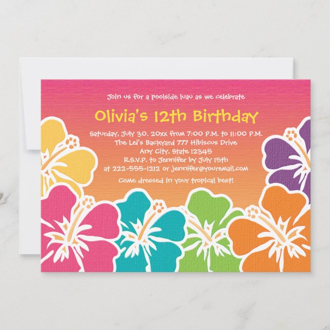 Coloridas invitaciones de cumpleaños de Hibiscus a (Anverso)