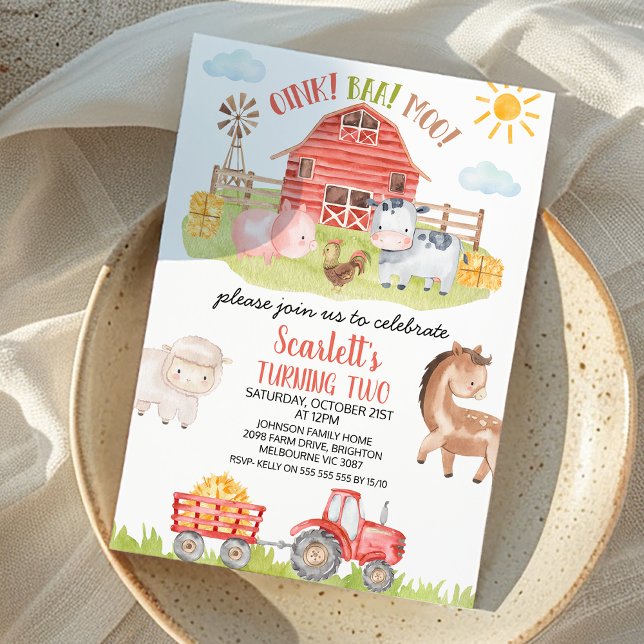 Coloridas invitaciones de cumpleaños para animales (Red Barn Tractor Farm Birthday Invitation, Farm Animals Birthday Invite, Oink Baa Moo Invitation)