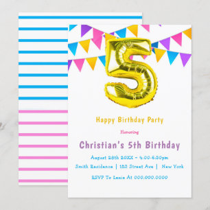 Coloridas invitaciones de oro de quinto cumpleaños