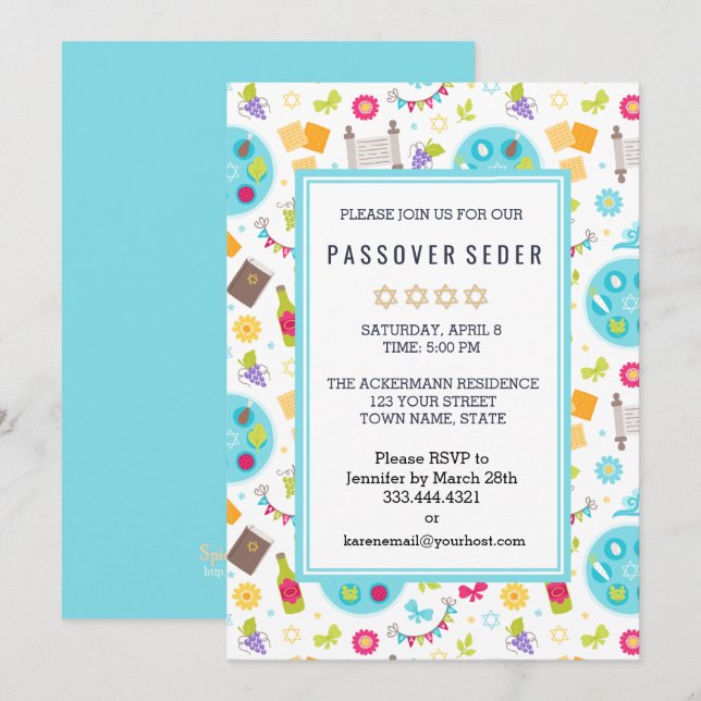 Coloridas invitaciones de Sedar de Pascua Moderna (Anverso / Reverso)