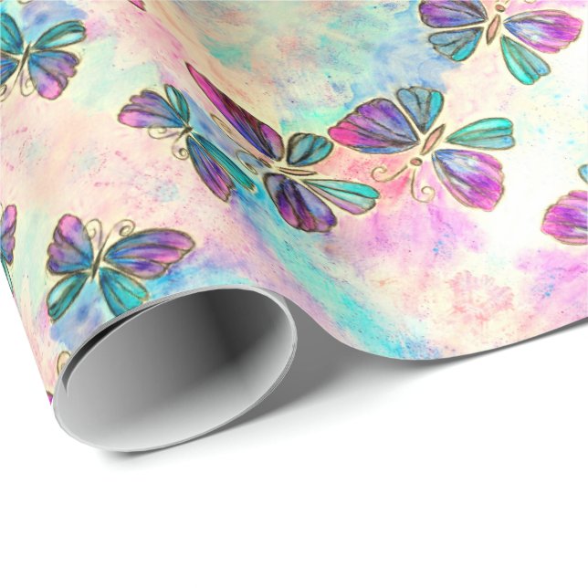 Coloridas mariposas envolver papel acuarela (Esquina del rollo)